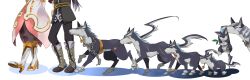  1boy age_progression armor boots canine chains coat commentary_request estellise_sidos_heurassein father_and_son female grey_footwear head_out_of_frame highres holding holding_smoking_pipe juria0801 knee_boots lambert mouth_hold pants repede_(tales) smoking_pipe tales_of_(series) tales_of_vesperia white_background yuri_lowell 