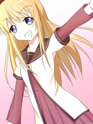  blonde_hair blue_eyes commentary_request female hatsuneriku layered_sleeves long_hair long_sleeves nanamori_school_uniform school_uniform serafuku short_over_long_sleeves short_sleeves solo toshinou_kyouko yuru_yuri 