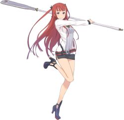  arca_(summon_night) belt blush female full_body high_heels holding kuroboshi_kouhaku leg_up long_hair miniskirt official_art red_hair shoes skirt smile solo summon_night summon_night_5 transparent_background weapon 