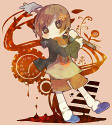  axe bad_id bad_pixiv_id brown_eyes brown_hair chie_(lcddem) clock female flower hair_flower hair_ornament jacket lcddem orange_shorts sakurakunet short_hair shorts solo symbol-shaped_pupils weapon 