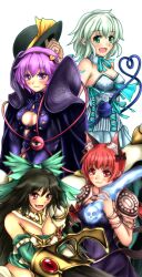  4girls :3 akroma akroma_(cosplay) alternate_costume alternate_weapon animal_ears armor black_hair blush bow cat_ears cat_tail cleavage_cutout clothing_cutout commentary_request cosplay green_bow green_eyes green_hair hairbow heart highres hozenkakari kaenbyou_rin komeiji_koishi komeiji_satori long_hair magic:_the_gathering mirri mirri_(cosplay) multiple_girls multiple_tails orzhov_syndicate purple_eyes red_eyes red_hair reiuji_utsuho restoration_angel restoration_angel_(cosplay) short_hair siblings sisters tail teysa_karlov teysa_karlov_(cosplay) third_eye touhou weapon 