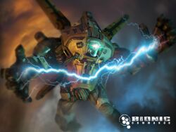  3d armor bionic_commando copyright_name electricity english_text gloves logo mecha no_humans non-web_source official_art official_wallpaper photoshop_(medium) power_armor promotional_art robot science_fiction terrorist weapon 