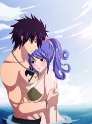  1boy bikini blue_hair blush breasts fairy_tail female gray_fullbuster hug jewelry juvia_loxar large_breasts necklace ocean oinochoe oinochoe_(artist) sea swimsuit 