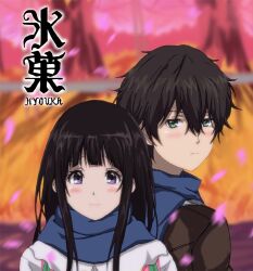  1boy black_hair chitanda_eru commentary_request female green_eyes hyouka kouchin long_hair oreki_houtarou petals photoshop_(medium) purple_eyes scarf short_hair winter_clothes 