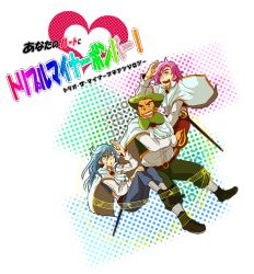  3boys ascot baritone_(suite_precure) bassdrum beard blue_eyes blue_hair cape commentary_request facial_hair falsetto_(suite_precure) green_eyes green_facial_hair green_hair grin halftone halftone_background hoshida_(namaeshi) long_hair multiple_boys musical_note pink_eyes pink_hair precure rapier shading_eyes smile suite_precure sword weapon 