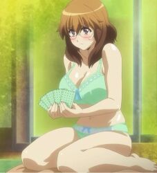  barefoot blush bra breasts brown_hair curvy dakara_boku_wa_h_ga_dekinai female glasses green_bra green_panties large_breasts lingerie navel ookura_mina panties purple_eyes screencap short_hair solo stitched strip_game strip_poker underwear 