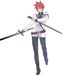  1boy belt folth full_body holding kuroboshi_kouhaku looking_at_viewer male_focus official_art purple_eyes red_hair scabbard sheath smile solo summon_night summon_night_5 sword transparent_background weapon 