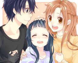  1boy 2girls :d ^_^ age_difference asuna_(sao) black_eyes black_hair breasts brown_eyes brown_hair casual closed_eyes commentary_request curry_gohan family hand_on_another&#039;s_head height_difference holding_hands kirito lolicon long_hair medium_breasts multiple_girls open_mouth smile sword_art_online yui_(sao) 