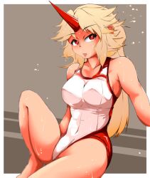  blonde_hair commentary_request competition_swimsuit female horns hoshiguma_yuugi long_hair one-piece_swimsuit red_eyes single_horn solo swimsuit touhou yadokari_(yadokani) 