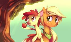  5:3 amber_eyes apple apple_bloom_(mlp) applejack_(mlp) blonde_hair daww duo earth_pony equid equine female feral food friendship_is_magic fruit fur green_eyes hair hasbro hi_res horse karzahnii mammal my_little_pony orange_body orange_fur outside plant pony red_hair scarf sibling_(lore) sky smile tail tree wood yellow_body yellow_fur young young_feral 