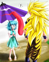  1boy ? blonde_hair blue_eyes blue_hair commentary_request constricted_pupils crossover dragon_ball dragon_ball_z female geta heterochromia highres kamishima_kanon karakasa_obake long_hair peeing peeing_self purple_umbrella red_eyes sandals scared size_difference skirt son_goku super_saiyan super_saiyan_3 tatara_kogasa tongue touhou umbrella urine 