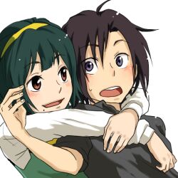  2girls bad_id bad_pixiv_id black_hair blush brown_eyes commentary_request green_hair hairband hug hug_from_behind idolmaster idolmaster_(classic) kikuchi_makoto kyouno mole mole_under_mouth multiple_girls open_mouth otonashi_kotori purple_eyes short_hair smile 