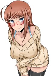  ahoge black_legwear blue_eyes blush breasts brown_hair cleavage female glasses highres large_breasts leaning_forward looking_at_viewer maru_(maruttona) maruttona minoru_oba o_cup-chan_(maruttona) original red-framed_glasses ribbed_sweater semi-rimless_glasses simple_background smile solo sweater thighhighs white_background zettai_ryouiki 