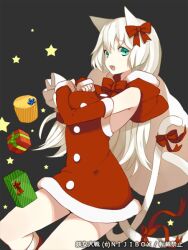  animal_ears breasts cat_ears cat_tail commentary_request female gift green_eyes long_hair looking_at_viewer mami_(apsaras) medium_breasts multiple_tails ribbon santa_costume simple_background solo tail youjo_taisen 