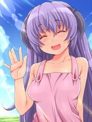  :d ^_^ amane_hasuhito bad_id bad_pixiv_id bare_shoulders blush closed_eyes collarbone dress female hanyuu higurashi_no_naku_koro_ni horns long_hair open_mouth purple_hair smile solo waving 