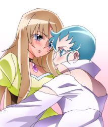  2girls aquila_yuna aria_(saint_seiya_omega) artist_request blue_eyes blue_hair blush brown_hair choker dress french_kiss highres kissing kissing looking multiple_girls nittama pixiv_manga_sample resized saint_seiya saint_seiya_omega saliva yuri 