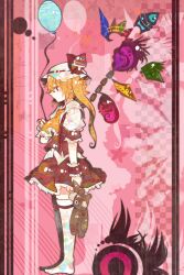  ascot bad_id bad_pixiv_id balloon blonde_hair blush crystal female flandre_scarlet hat hat_ribbon highres itomugi-kun puffy_sleeves red_eyes ribbon short_hair short_sleeves side_ponytail skirt smile solo stuffed_animal stuffed_toy teddy_bear thighhighs touhou white_thighhighs wings 