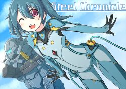  ;d blue_hair bodysuit commentary_request female flat_chest long_hair one_eye_closed open_mouth red_eyes short_twintails smile steel_chronicle takamine_tsukumo twintails yun_rina 