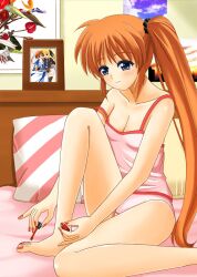  applying_pedicure bare_shoulders barefoot bed blue_eyes breasts brown_hair camisole cleavage commentary_request fate_testarossa female long_hair lyrical_nanoha mahou_shoujo_lyrical_nanoha_strikers medium_breasts nail_polish ookawa_wataru painting_toenails panties photoshop_(medium) pillow side_ponytail solo strap_slip takamachi_nanoha underwear very_long_hair 