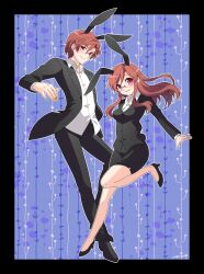  1boy animal_ears blush boots brown_hair bunny_ears business_suit dual_persona female formal glasses high_heels jacket long_hair milcho nail_polish open_mouth original parted_lips pink_eyes shoes short_hair skirt smile suit 