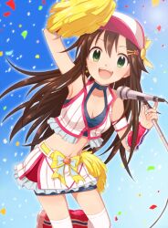  brown_hair cap cheerleader green_eyes hat himekawa_yuki idolmaster idolmaster_cinderella_girls mekurata_meda pom_poms skirt smile 