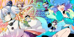  6+girls :3 animal_ears blue_eyes blue_hair breasts brown_hair closed_eyes commentary_request dress earmuffs flower futatsuiwa_mamizou ghost_tail glasses green_dress green_hair grey_hair hair_ornament hair_rings hair_stick hat japanese_clothes jiangshi kaku_seiga kariginu kitakaze_higashikaze large_breasts leaf leaf_on_head long_hair long_sleeves miyako_yoshika mononobe_no_futo multiple_girls oerba_yun_fang ofuda open_mouth outstretched_arms photoshop_(medium) pince-nez ponytail raccoon_ears raccoon_tail ritual_baton saliva shawl short_hair short_sleeves skirt sleeveless smile soga_no_tojiko star_(symbol) tail tate_eboshi ten_desires touhou toyosatomimi_no_miko vest wide_sleeves zombie_pose 