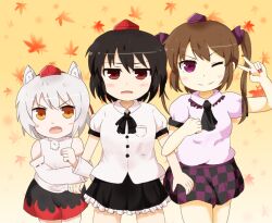  3girls aged_down angry animal_ears black_hair brown_hair commentary_request hat himekaidou_hatate inubashiri_momiji kimineri multiple_girls one_eye_closed purple_eyes red_eyes shameimaru_aya short_hair short_sleeves skirt smile tokin_hat touhou twintails v white_hair wolf_ears yellow_eyes 