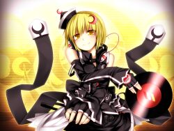  alternate_costume bare_shoulders blonde_hair blush commentary_request crescent detached_sleeves female fingerless_gloves gloves hat headphones headphones_around_neck highres holding kazetto looking_at_viewer lunasa_prismriver photoshop_(medium) record short_hair smile solo touhou yellow_eyes 