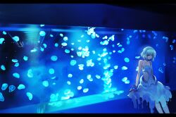  aquarium bad_id bad_pixiv_id banned_artist bare_shoulders blue blue_eyes fingerless_gloves fish_tank gloves harano highres jellyfish original sitting solo water 