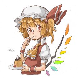  :t ascot blonde_hair cake cherry commentary_request eating female flandre_scarlet food food_on_face fruit hair_bobbles hair_ornament hat jpeg_artifacts low_wings name_connection numa_(minus_4k) object_namesake plate pudding short_hair side_ponytail solo sweets touhou upper_body wings wrist_cuffs 