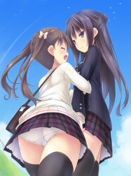  2girls :d ^_^ arm_hug bag black_hair black_legwear blazer blue_eyes blush brown_hair closed_eyes commentary_request from_below holding_another&#039;s_arm jacket long_hair multiple_girls open_mouth original panties plaid plaid_skirt ryo_(botugo) school_uniform skirt smile sweater thighhighs twintails underwear white_panties 