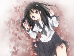  bad_id bad_pixiv_id chitanda_eru female funiru hyouka kamiyama_high_school_uniform_(hyouka) kerosuke long_hair looking_at_viewer lying on_back open_mouth purple_eyes recolored school_uniform serafuku smile solo 