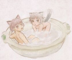  2girls animal_ears bad_id bad_pixiv_id bathing blush bowl brown_hair cat_ears cat_tail chen extra_ears hair_rings kaenbyou_rin multiple_girls multiple_tails neko_nabe no_headwear nude open_mouth red_eyes red_hair same-sex_bathing saraband shared_bathing tail touhou 