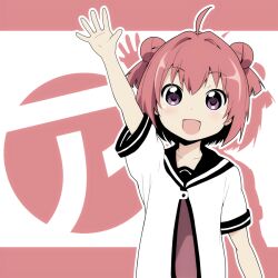  ahoge akaza_akari commentary_request double_bun female hair_bun nanamori_school_uniform open_mouth pink_hair purple_eyes school_uniform serafuku smile solo tanashi_(mk2) yuru_yuri 