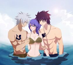  2boys bikini blue_hair blush breasts fairy_tail female gray_fullbuster jewelry juvia_loxar large_breasts lyon_bastia multiple_boys necklace ocean oinochoe oinochoe_(artist) rivalry sea swimsuit 