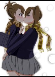  2girls bad_id bad_pixiv_id blush brown_eyes brown_hair commentary_request futami_ami futami_mami idolmaster idolmaster_(classic) incest kissing long_hair michitose_michiru multiple_girls plaid plaid_scarf scarf school_uniform short_hair siblings side_ponytail sisters surprise_kiss surprised twincest twins yuri 