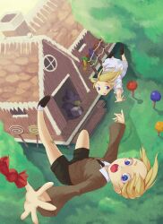  1boy 2girls bad_id bad_pixiv_id bandaid blonde_hair blue_eyes candy food gretel_(grimm) grimm&#039;s_fairy_tales hansel_(grimm) hansel_and_gretel highres house lollipop multiple_girls weien witch 