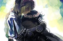  1boy bad_drawr_id bad_id blonde_hair braid capelet fate/apocrypha fate/zero fate_(series) female gauntlets gilles_de_rais_(caster)_(fate) head_wreath headpiece hug jeanne_d&#039;arc_(fate) jeanne_d&#039;arc_(ruler)_(fate) long_hair marumaru22 oekaki single_braid 