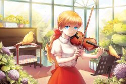  bad_id bad_pixiv_id bird blonde_hair blue_eyes chair female flower greenhouse holding instrument long_hair looking_at_viewer music original photoshop_(medium) piano playing_instrument ponytail riri_(artist) smile solo upright_piano violin window 