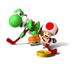  2boys absurdres happy highres hockey male male_focus multiple_boys nintendo sport sports stick tail toad toad_(mario) yoshi 