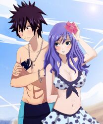  1boy bikini blue_hair blush breasts fairy_tail female gray_fullbuster jewelry juvia_loxar large_breasts necklace ocean oinochoe oinochoe_(artist) sea swimsuit 