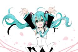  arms_up bad_id bad_pixiv_id blush detached_sleeves female green_eyes green_hair hatsune_miku long_hair open_mouth shiroi_hakuto smile solo vocaloid 