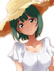  bad_id bad_pixiv_id brown_eyes dress female green_hair hat head_tilt idolmaster idolmaster_(classic) kurose_kousuke mole mole_under_mouth otonashi_kotori painttool_sai_(medium) short_hair simple_background smile solo sun_hat sundress upper_body white_background 