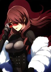  absurdres bodysuit breasts coat female framed_breasts fur_coat hair_over_one_eye highres kirijou_mitsuru lips medium_breasts persona persona_3 persona_4:_the_ultimate_in_mayonaka_arena red_eyes red_hair scan skin_tight smile sogabe_shuuji solo sunglasses 