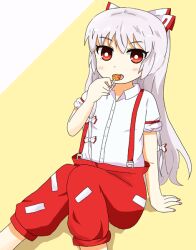  bow candy commentary_request female food fujiwara_no_mokou grey_hair hairbow kimineri lollipop long_hair open_mouth red_eyes ribbon solo suspenders touhou 