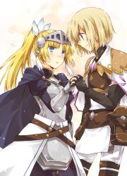  1boy :o armor armored_dress black_hair blonde_hair blue_eyes blush breastplate cape commentary_request elbow_gloves female fingerless_gloves forte_(rune_factory) gauntlets gloves holding_hands interlocked_fingers kousetsu lest_(rune_factory) long_hair looking_at_another photoshop_(medium) purple_eyes rune_factory rune_factory_4 side_ponytail smile visor_(armor) 