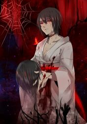  blood blood_from_eyes blood_on_clothes breasts brown_hair bug butterfly cleavage commentary_request fatal_frame fatal_frame_2 female highres japanese_clothes kimono kurosawa_sae kurozatou_owata medium_breasts obi sash severed_head short_hair silk spider_web string string_of_fate 