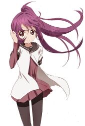  arm_behind_back bad_id bad_pixiv_id female hand_in_own_hair layered_sleeves long_hair long_sleeves looking_at_viewer nanamori_school_uniform pantyhose ponytail purple_eyes purple_hair school_uniform serafuku short_over_long_sleeves short_sleeves simple_background skirt smile solo standing sugiura_ayano suiya white_background yuru_yuri 