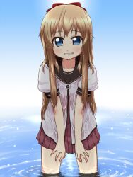  aoyagi_kakerugeki blonde_hair blue_eyes commentary_request female long_hair nanamori_school_uniform school_uniform serafuku solo toshinou_kyouko wet wet_clothes yuru_yuri 