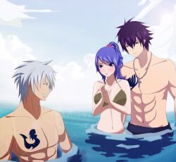  2boys angry bikini blue_hair blush breasts fairy_tail female gray_fullbuster jewelry juvia_loxar large_breasts lyon_bastia multiple_boys necklace ocean oinochoe oinochoe_(artist) sea swimsuit 